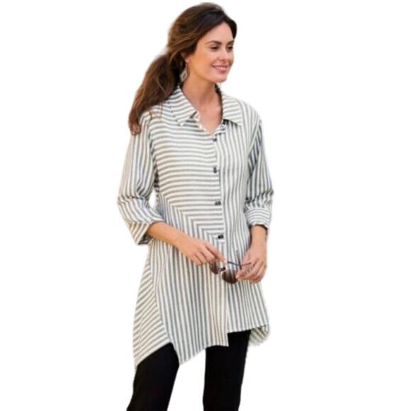 Soft Surrounding Striped Tunic Button Down Asymmetrical Hem Shirt, Size Medium - Picture 1 of 8
